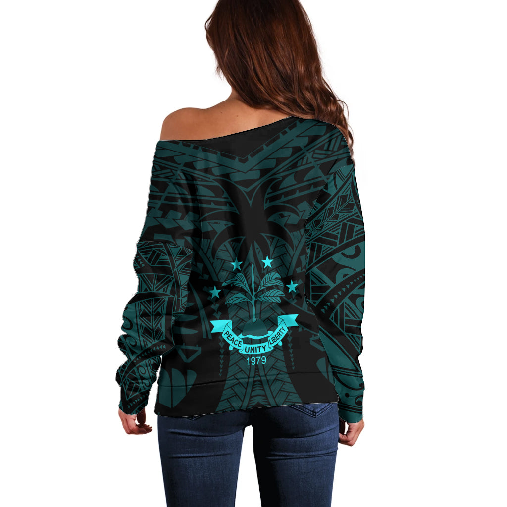 FSM Chuuk States Off Shoulder Sweater Micronesia Vintage Polynesian Tribal Aqua Version LT9 - Polynesian Pride