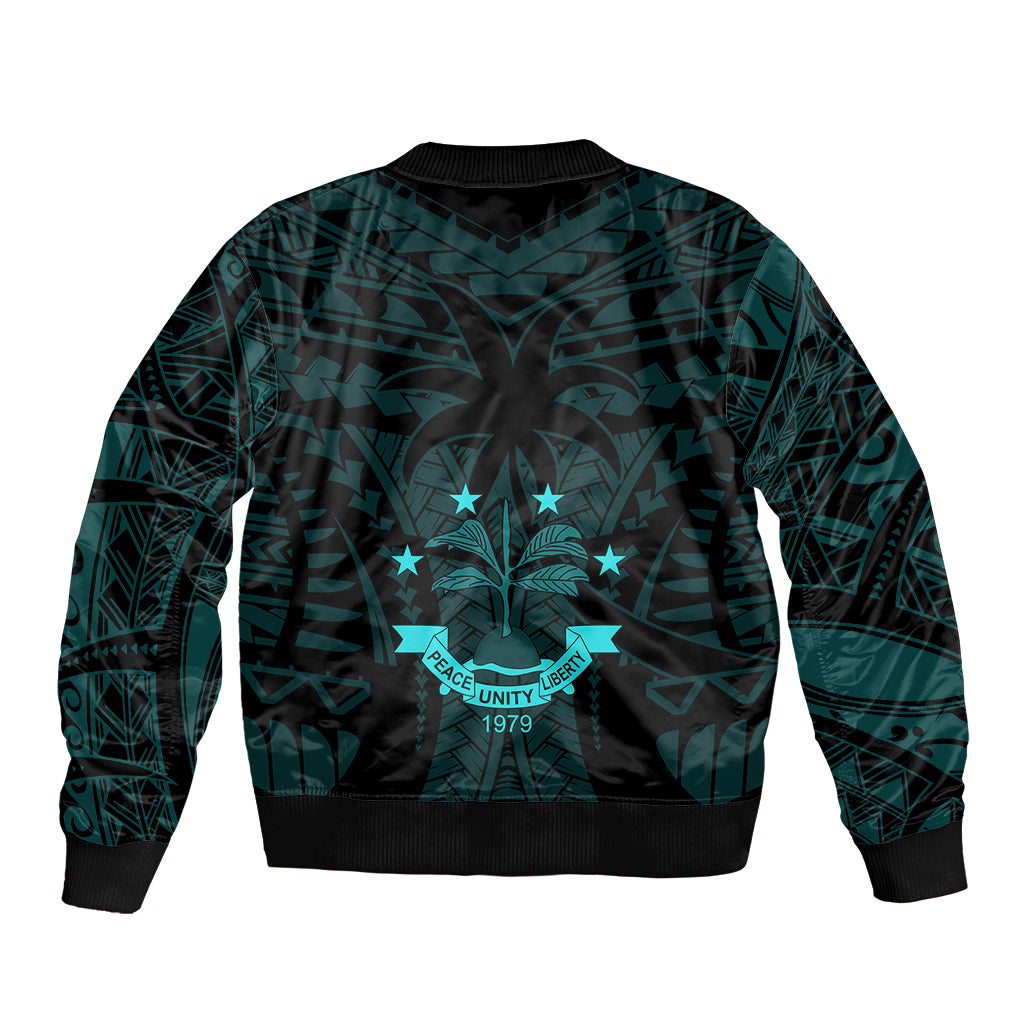 FSM Chuuk States Sleeve Zip Bomber Jacket Micronesia Vintage Polynesian Tribal Aqua Version LT9 - Polynesian Pride
