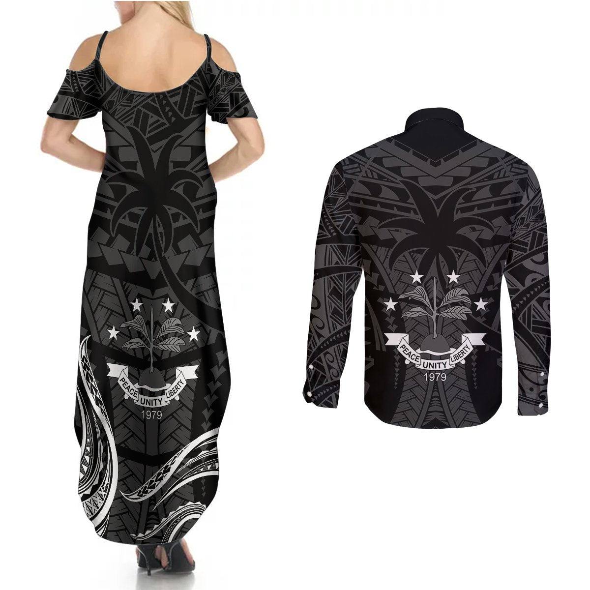 FSM Chuuk States Couples Matching Summer Maxi Dress and Long Sleeve Button Shirts Micronesia Vintage Polynesian Tribal Black Version LT9 - Polynesian Pride