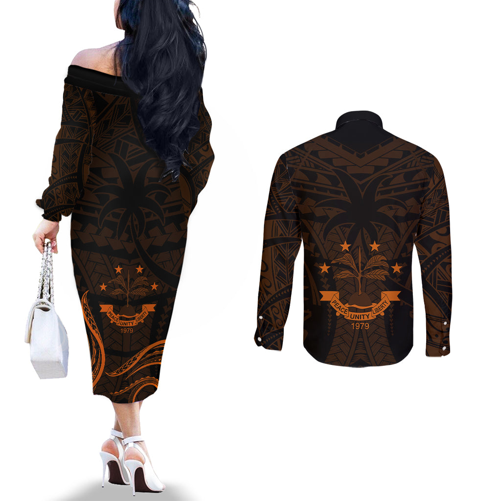 FSM Chuuk States Couples Matching Off The Shoulder Long Sleeve Dress and Long Sleeve Button Shirts Micronesia Vintage Polynesian Tribal Gold Version LT9 - Polynesian Pride