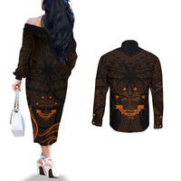 FSM Chuuk States Couples Matching Off The Shoulder Long Sleeve Dress and Long Sleeve Button Shirts Micronesia Vintage Polynesian Tribal Gold Version LT9 - Polynesian Pride