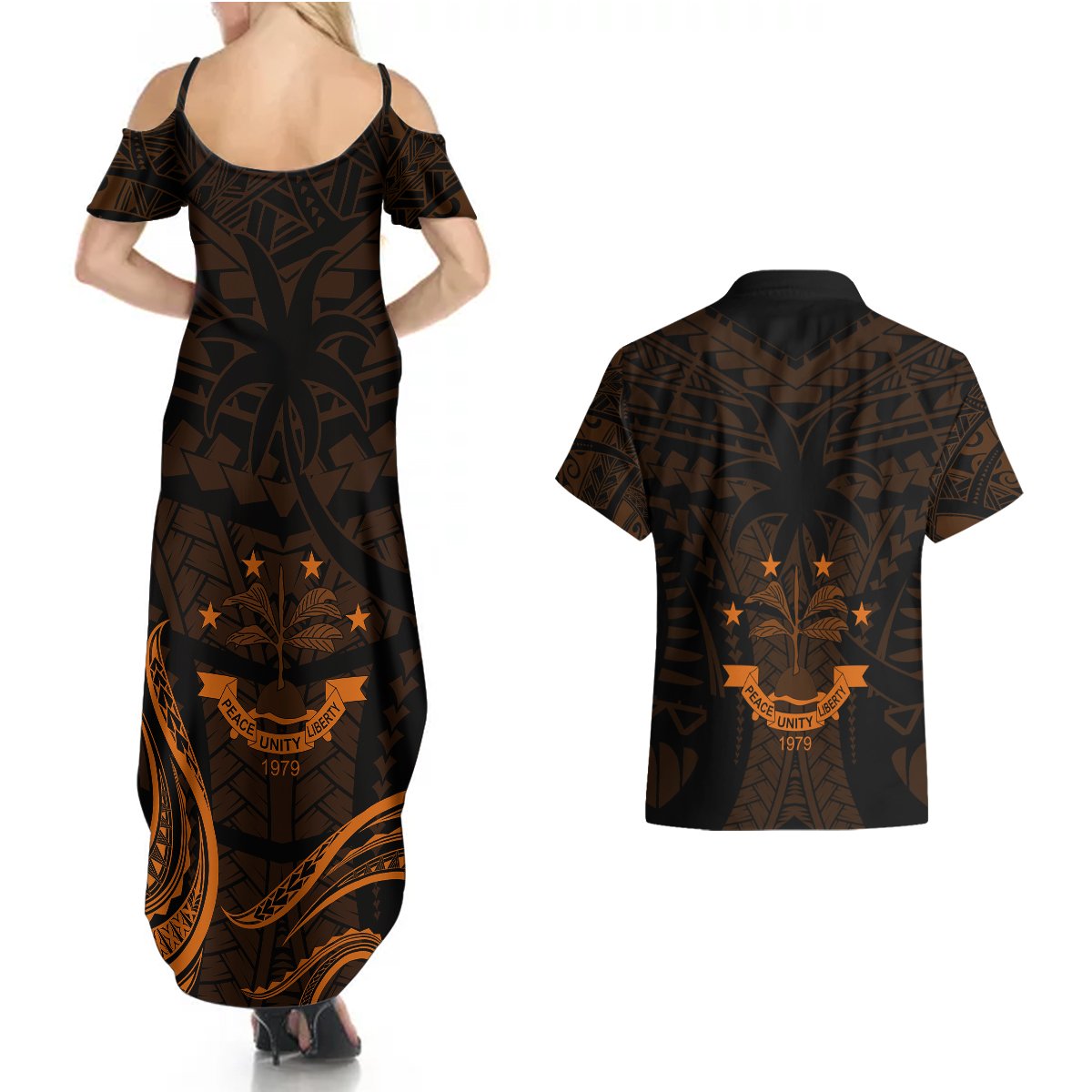 FSM Chuuk States Couples Matching Summer Maxi Dress and Hawaiian Shirt Micronesia Vintage Polynesian Tribal Gold Version LT9 - Polynesian Pride