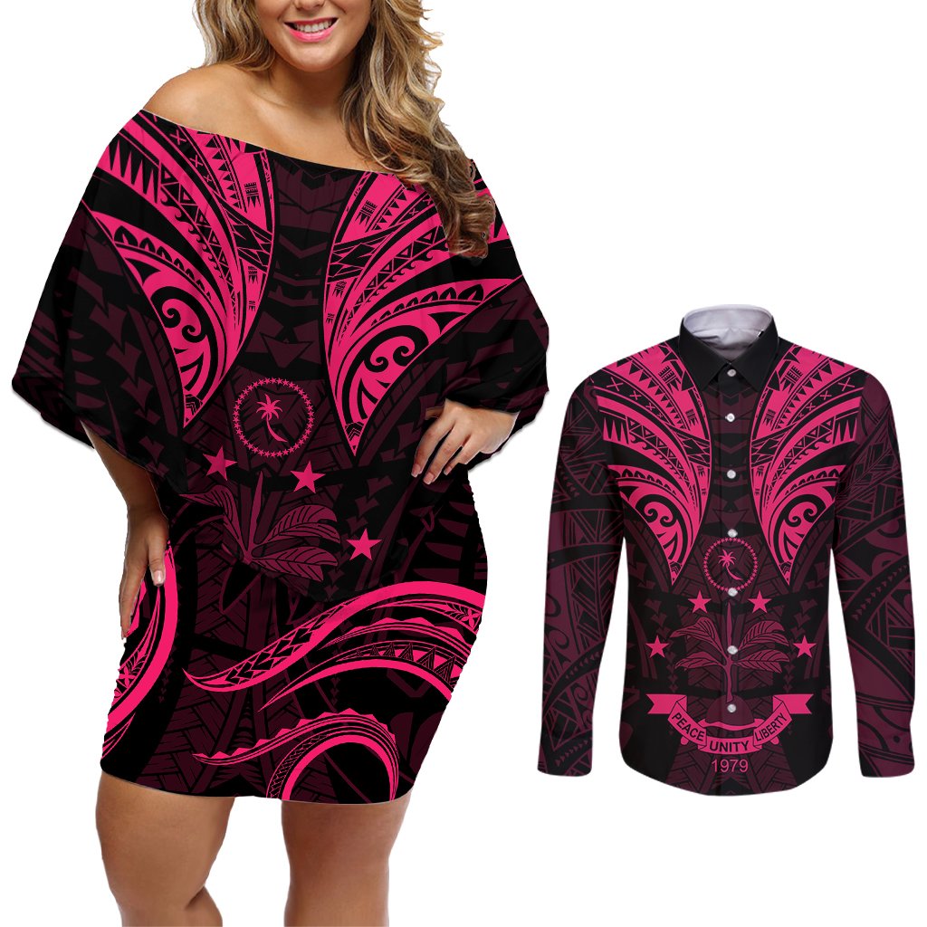 FSM Chuuk States Couples Matching Off Shoulder Short Dress and Long Sleeve Button Shirts Micronesia Vintage Polynesian Tribal Pink Version LT9 Pink - Polynesian Pride