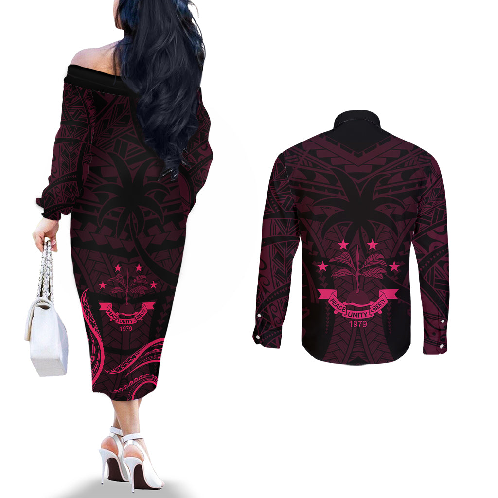 FSM Chuuk States Couples Matching Off The Shoulder Long Sleeve Dress and Long Sleeve Button Shirts Micronesia Vintage Polynesian Tribal Pink Version LT9 - Polynesian Pride