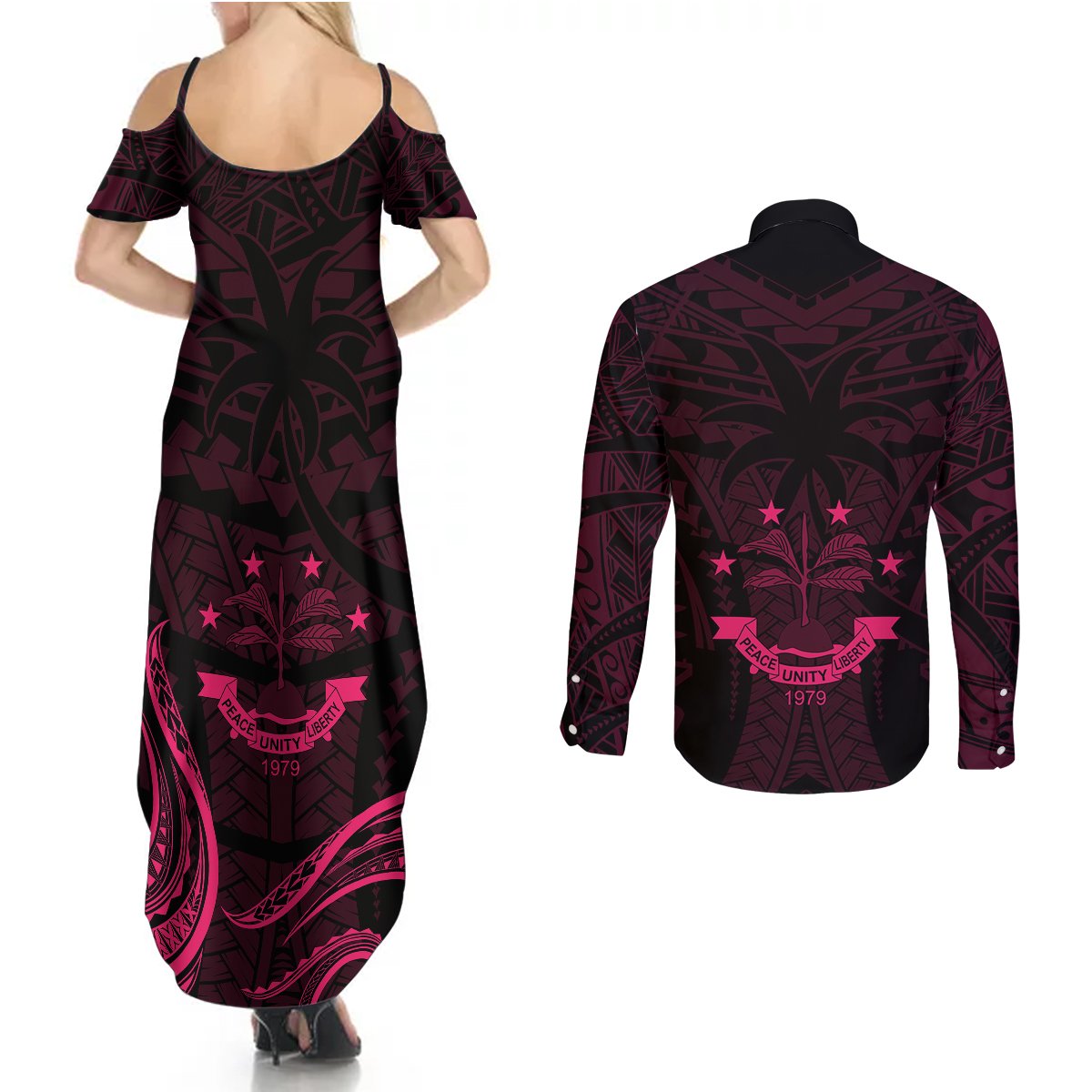 FSM Chuuk States Couples Matching Summer Maxi Dress and Long Sleeve Button Shirts Micronesia Vintage Polynesian Tribal Pink Version LT9 - Polynesian Pride