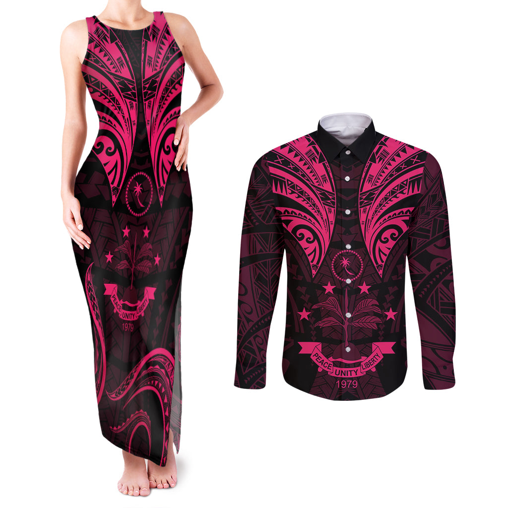 FSM Chuuk States Couples Matching Tank Maxi Dress and Long Sleeve Button Shirts Micronesia Vintage Polynesian Tribal Pink Version LT9 Pink - Polynesian Pride