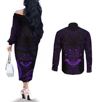 FSM Chuuk States Couples Matching Off The Shoulder Long Sleeve Dress and Long Sleeve Button Shirts Micronesia Vintage Polynesian Tribal Purple Version LT9 - Polynesian Pride