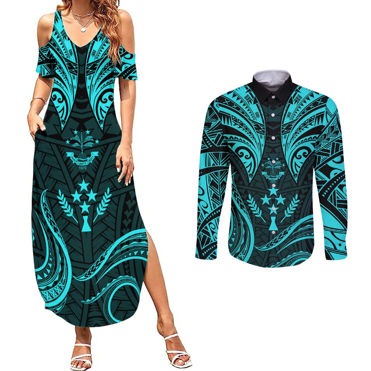 FSM Kosrae States Couples Matching Summer Maxi Dress and Long Sleeve Button Shirts Micronesia Vintage Polynesian Tribal Aqua Version LT9 Aqua - Polynesian Pride