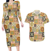 Mele Kalikimaka Hawaii Christmas Couples Matching Long Sleeve Bodycon Dress and Hawaiian Shirt Melemele Mama Seamless Floral Motif LT9 Beige - Polynesian Pride