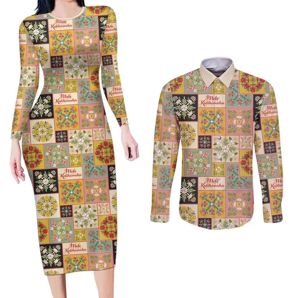 Mele Kalikimaka Hawaii Christmas Couples Matching Long Sleeve Bodycon Dress and Long Sleeve Button Shirt Melemele Mama Seamless Floral Motif LT9 Beige - Polynesian Pride