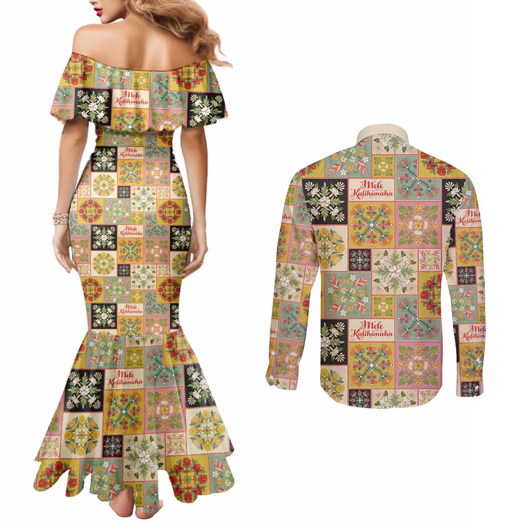 Mele Kalikimaka Hawaii Christmas Couples Matching Mermaid Dress and Long Sleeve Button Shirt Melemele Mama Seamless Floral Motif LT9 - Polynesian Pride