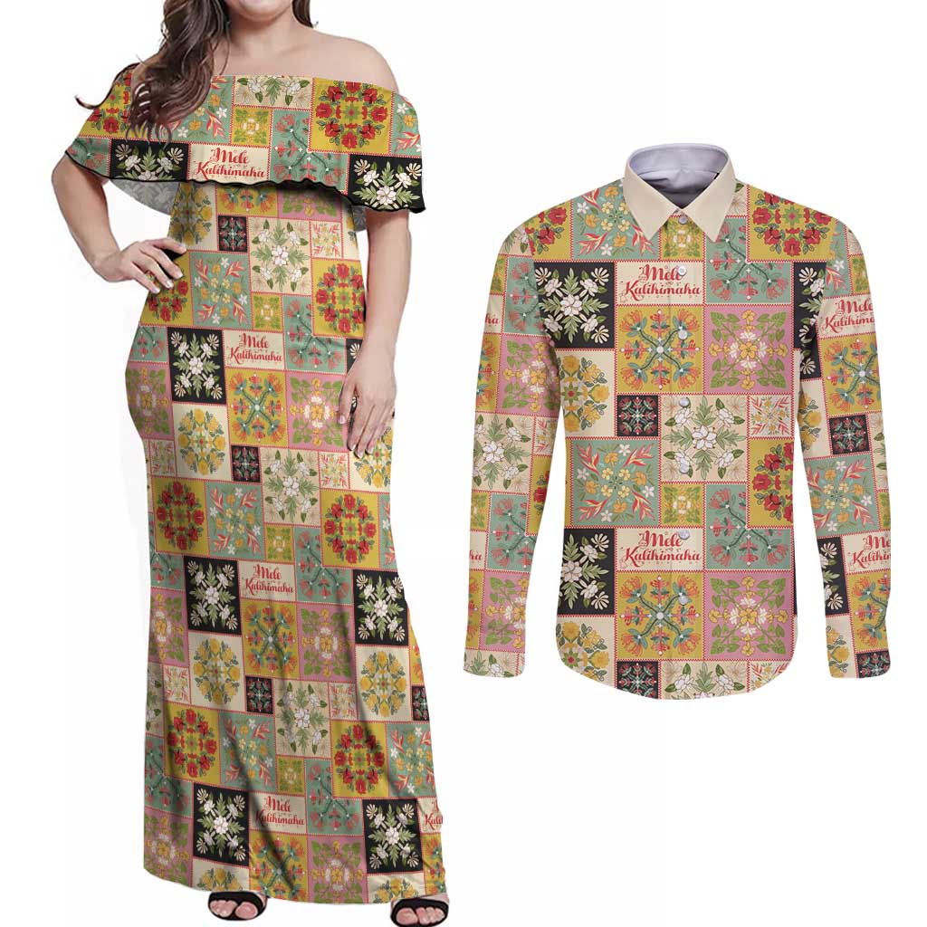 Mele Kalikimaka Hawaii Christmas Couples Matching Off Shoulder Maxi Dress and Long Sleeve Button Shirt Melemele Mama Seamless Floral Motif LT9 Beige - Polynesian Pride