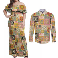 Mele Kalikimaka Hawaii Christmas Couples Matching Off Shoulder Maxi Dress and Long Sleeve Button Shirt Melemele Mama Seamless Floral Motif LT9 Beige - Polynesian Pride