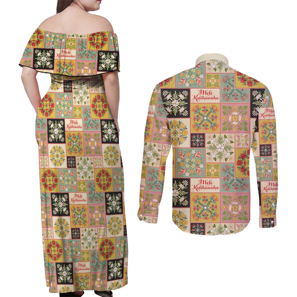 Mele Kalikimaka Hawaii Christmas Couples Matching Off Shoulder Maxi Dress and Long Sleeve Button Shirt Melemele Mama Seamless Floral Motif LT9 - Polynesian Pride