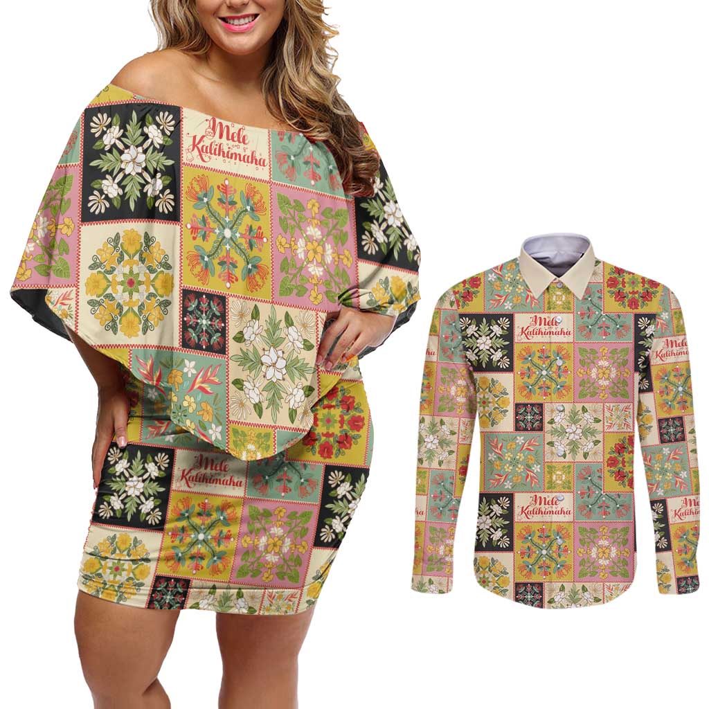 Mele Kalikimaka Hawaii Christmas Couples Matching Off Shoulder Short Dress and Long Sleeve Button Shirt Melemele Mama Seamless Floral Motif - Polynesian Pride
