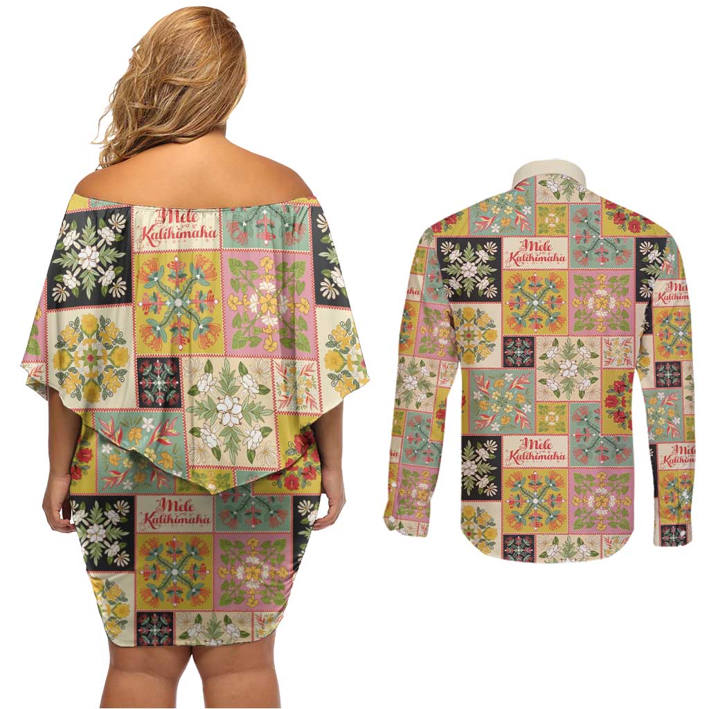 Mele Kalikimaka Hawaii Christmas Couples Matching Off Shoulder Short Dress and Long Sleeve Button Shirt Melemele Mama Seamless Floral Motif LT9 - Polynesian Pride