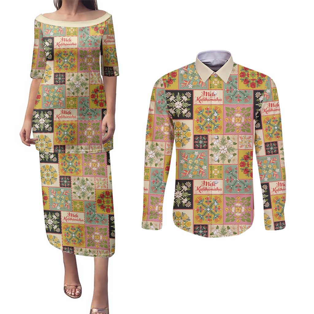Mele Kalikimaka Hawaii Christmas Couples Matching Puletasi and Long Sleeve Button Shirt Melemele Mama Seamless Floral Motif LT9 Beige - Polynesian Pride