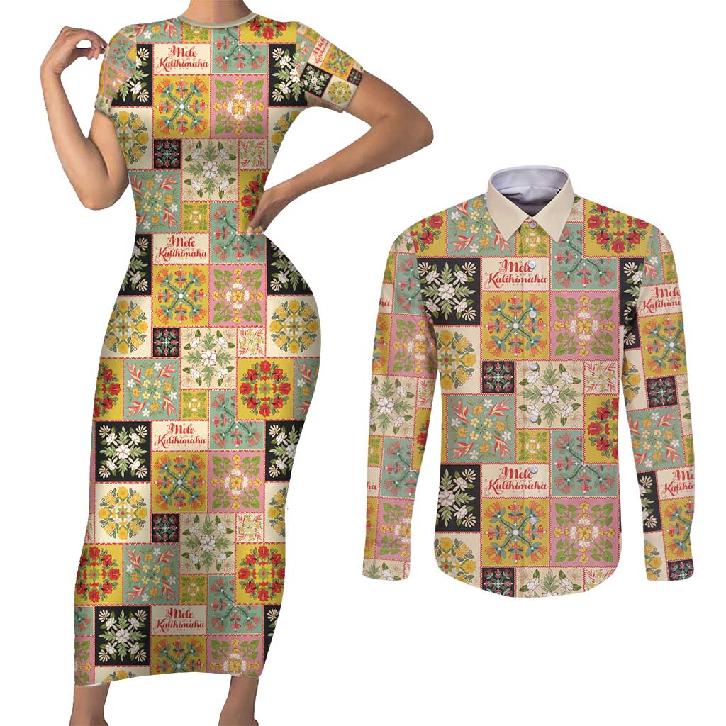 Mele Kalikimaka Hawaii Christmas Couples Matching Short Sleeve Bodycon Dress and Long Sleeve Button Shirt Melemele Mama Seamless Floral Motif LT9 Beige - Polynesian Pride