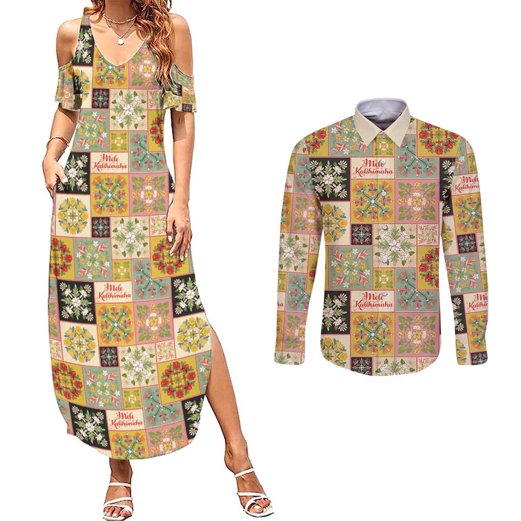 Mele Kalikimaka Hawaii Christmas Couples Matching Summer Maxi Dress and Long Sleeve Button Shirt Melemele Mama Seamless Floral Motif LT9 Beige - Polynesian Pride