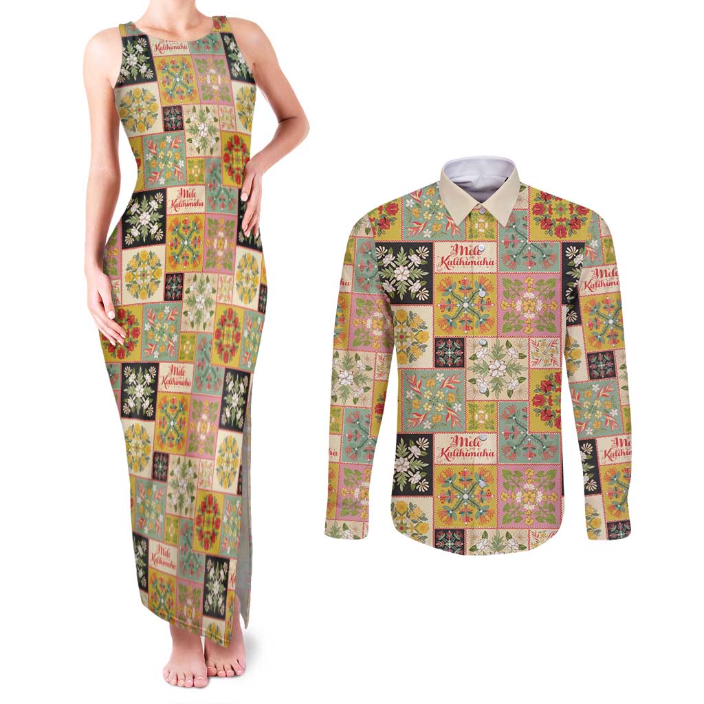 Mele Kalikimaka Hawaii Christmas Couples Matching Tank Maxi Dress and Long Sleeve Button Shirt Melemele Mama Seamless Floral Motif LT9 Beige - Polynesian Pride