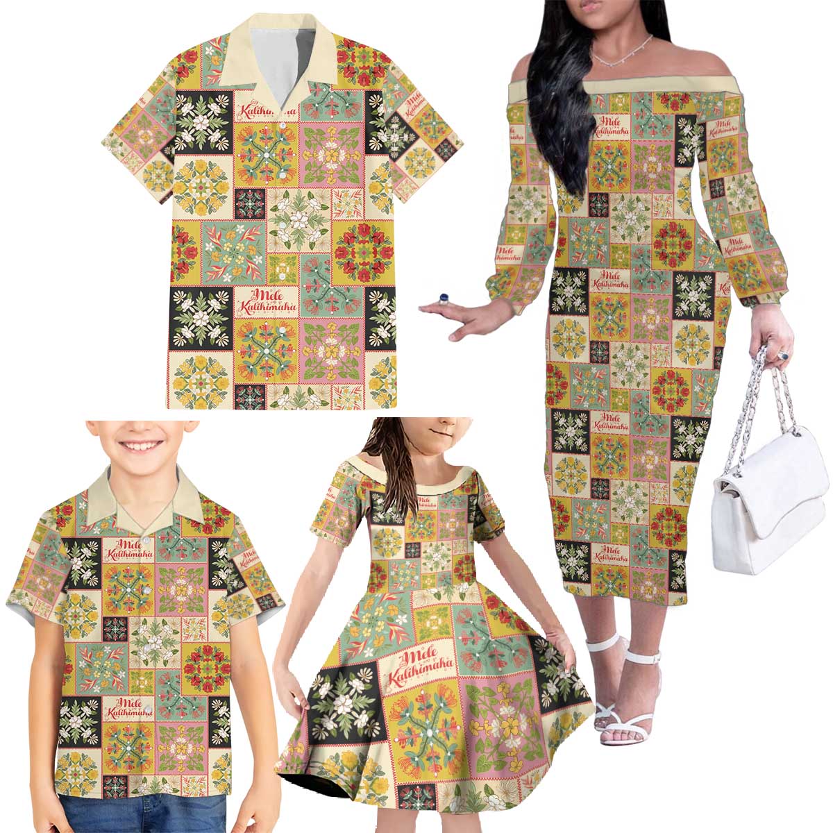 Mele Kalikimaka Hawaii Christmas Family Matching Off The Shoulder Long Sleeve Dress and Hawaiian Shirt Melemele Mama Seamless Floral Motif - Polynesian Pride