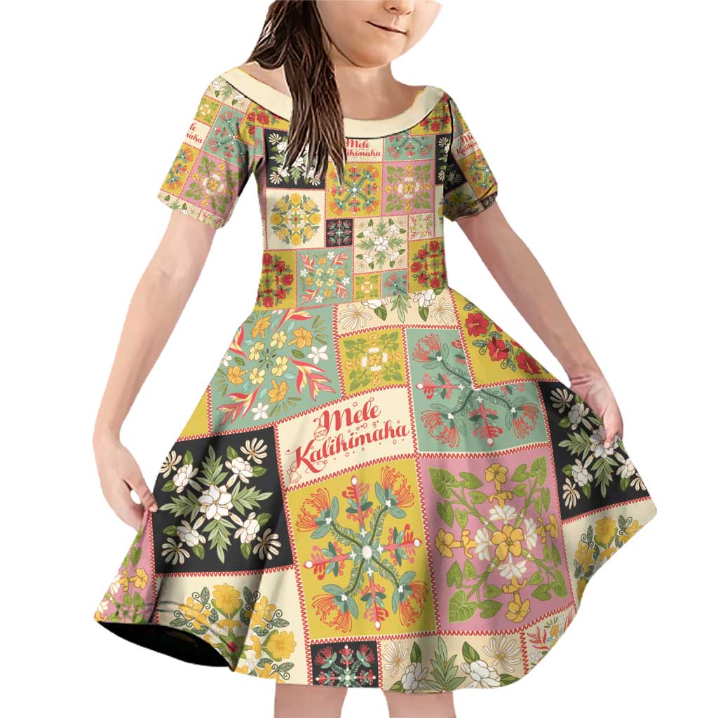 Mele Kalikimaka Hawaii Christmas Family Matching Off Shoulder Short Dress and Hawaiian Shirt Melemele Mama Seamless Floral Motif LT9 Daughter's Dress Beige - Polynesian Pride