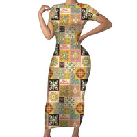 Mele Kalikimaka Hawaii Christmas Family Matching Short Sleeve Bodycon Dress and Hawaiian Shirt Melemele Mama Seamless Floral Motif LT9 Mom's Dress Beige - Polynesian Pride