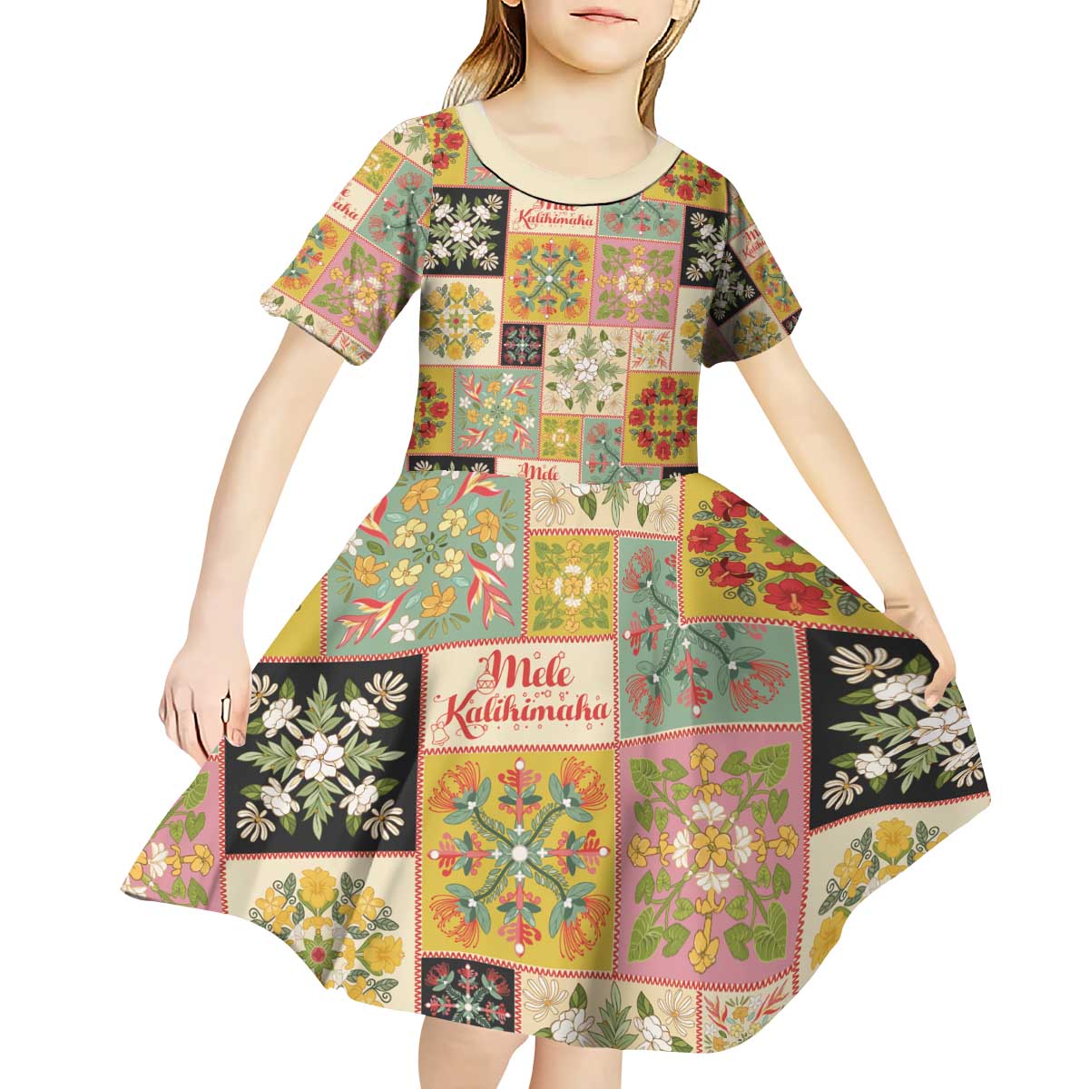 Mele Kalikimaka Hawaii Christmas Kid Short Sleeve Dress Melemele Mama Seamless Floral Motif LT9 - Polynesian Pride