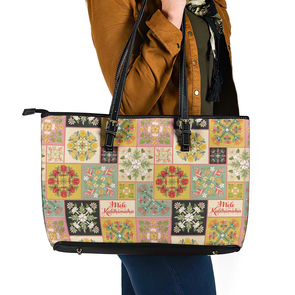 Mele Kalikimaka Hawaii Christmas Leather Tote Bag Melemele Mama Seamless Floral Motif LT9 - Polynesian Pride