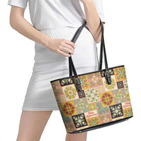 Mele Kalikimaka Hawaii Christmas Leather Tote Bag Melemele Mama Seamless Floral Motif LT9 - Polynesian Pride