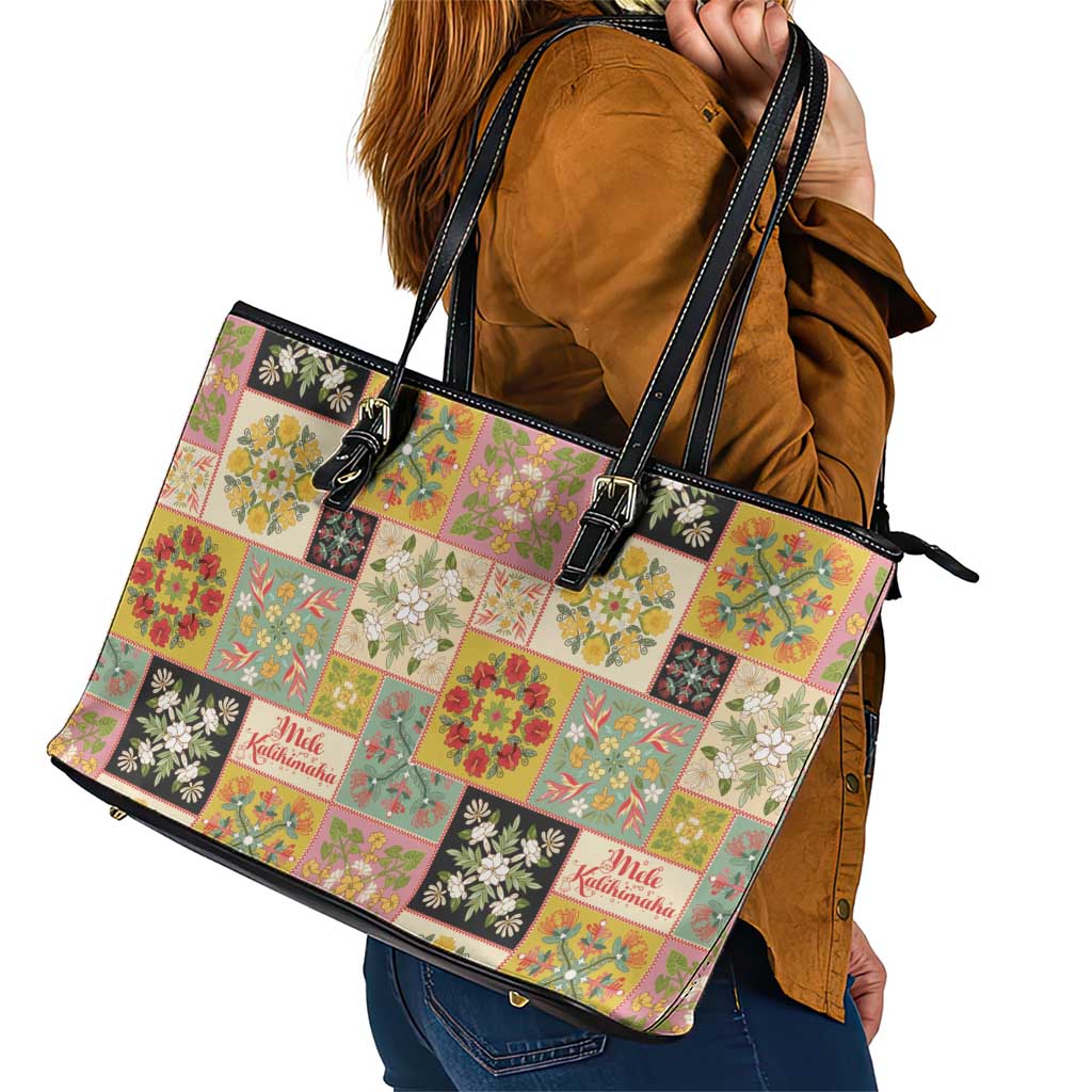 Mele Kalikimaka Hawaii Christmas Leather Tote Bag Melemele Mama Seamless Floral Motif LT9 - Polynesian Pride