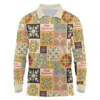 Mele Kalikimaka Hawaii Christmas Long Sleeve Polo Shirt Melemele Mama Seamless Floral Motif LT9 Beige - Polynesian Pride
