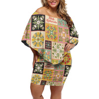 Mele Kalikimaka Hawaii Christmas Off Shoulder Short Dress Melemele Mama Seamless Floral Motif LT9 Women Beige - Polynesian Pride