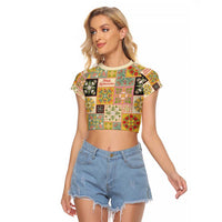 Mele Kalikimaka Hawaii Christmas Raglan Cropped T Shirt Melemele Mama Seamless Floral Motif LT9 Female Beige - Polynesian Pride