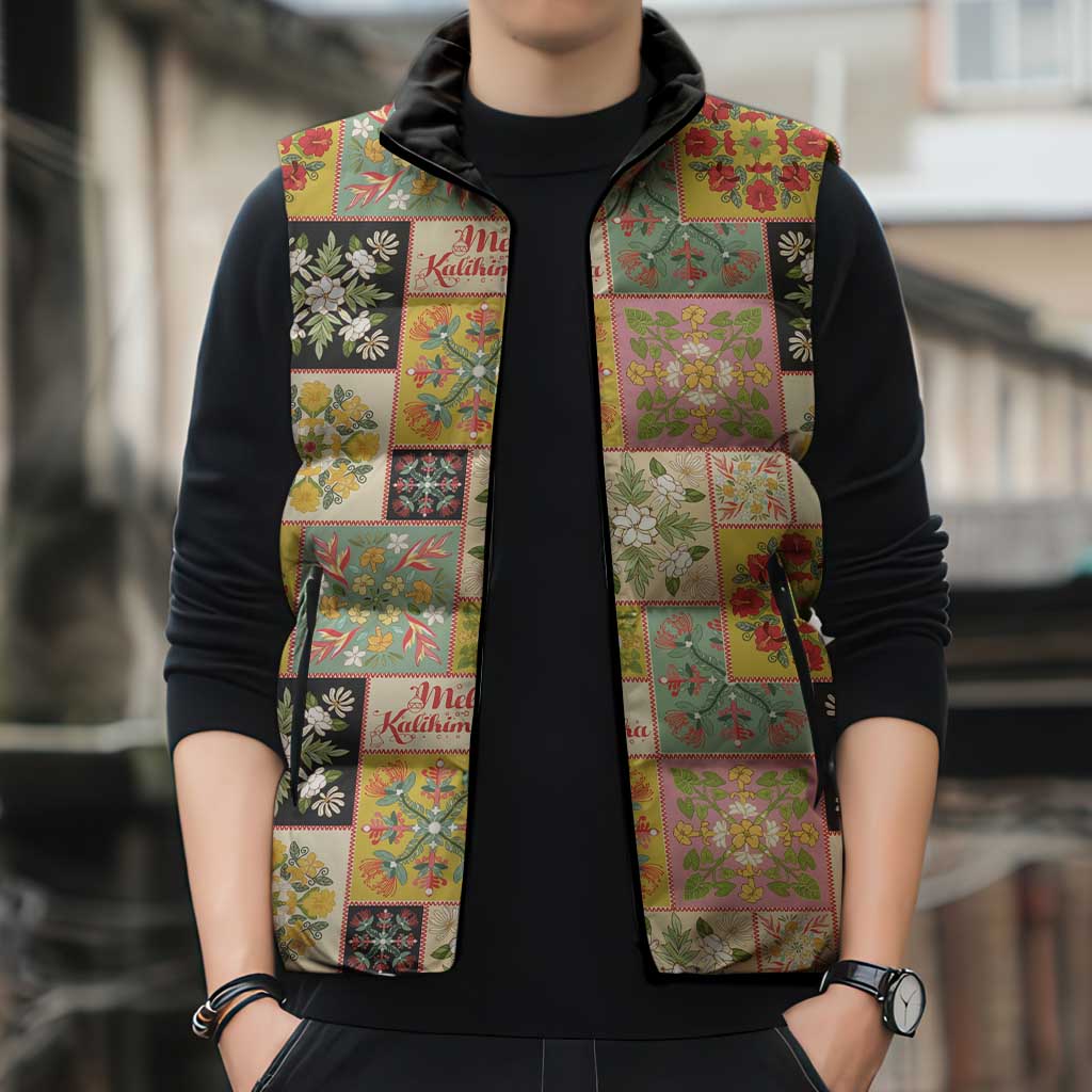 Mele Kalikimaka Hawaii Christmas Sleeveless Puffer Jacket Melemele Mama Seamless Floral Motif - Polynesian Pride