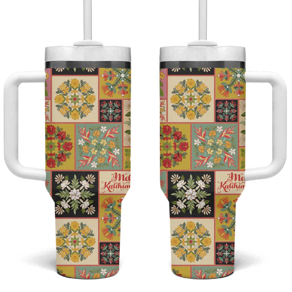 Mele Kalikimaka Hawaii Christmas Tumbler With Handle Melemele Mama Seamless Floral Motif LT9 One Size: 40 oz Beige - Polynesian Pride