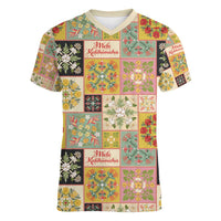 Mele Kalikimaka Hawaii Christmas Women V-Neck T-Shirt Melemele Mama Seamless Floral Motif LT9 Female Beige - Polynesian Pride