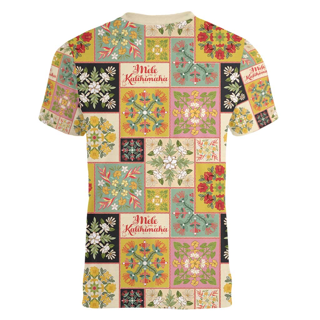 Mele Kalikimaka Hawaii Christmas Women V-Neck T-Shirt Melemele Mama Seamless Floral Motif LT9 - Polynesian Pride
