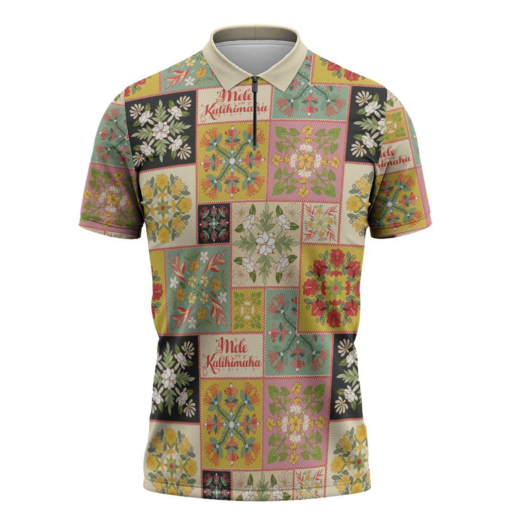 Mele Kalikimaka Hawaii Christmas Zipper Polo Shirt Melemele Mama Seamless Floral Motif LT9 Beige - Polynesian Pride