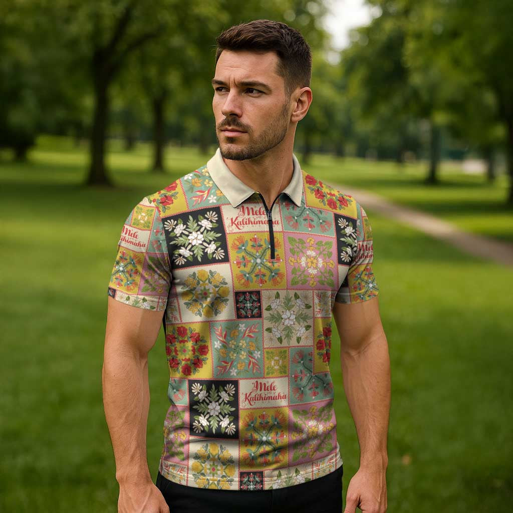 Mele Kalikimaka Hawaii Christmas Zipper Polo Shirt Melemele Mama Seamless Floral Motif LT9 - Polynesian Pride