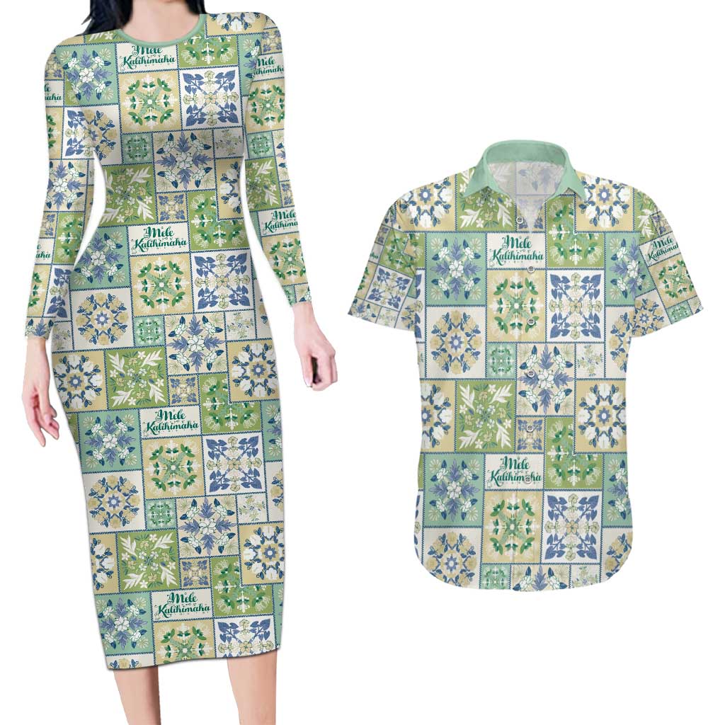 Mele Kalikimaka Hawaii Christmas Couples Matching Long Sleeve Bodycon Dress and Hawaiian Shirt Omaomao Seamless Floral Motif LT9 Green - Polynesian Pride
