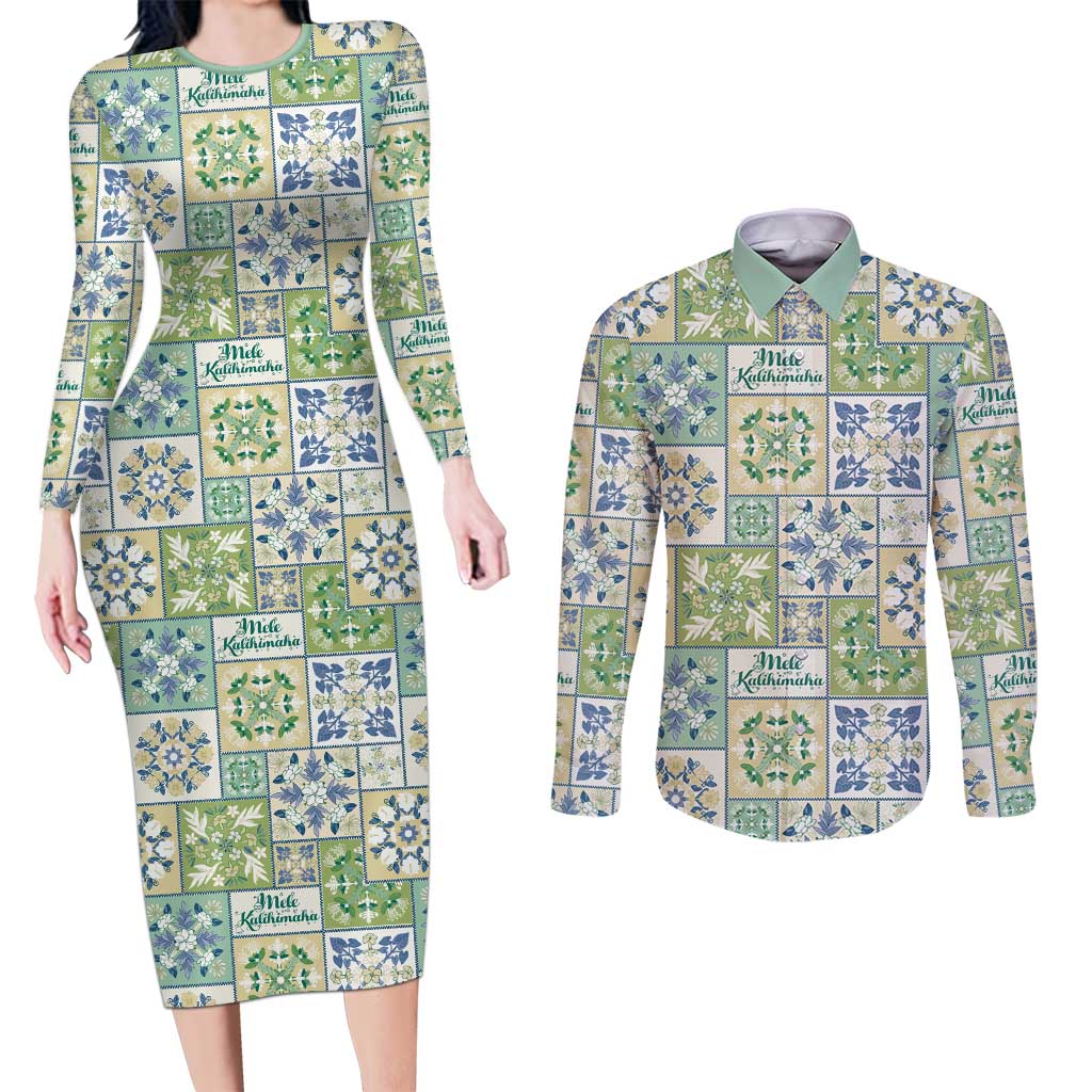 Mele Kalikimaka Hawaii Christmas Couples Matching Long Sleeve Bodycon Dress and Long Sleeve Button Shirt Omaomao Seamless Floral Motif LT9 Green - Polynesian Pride