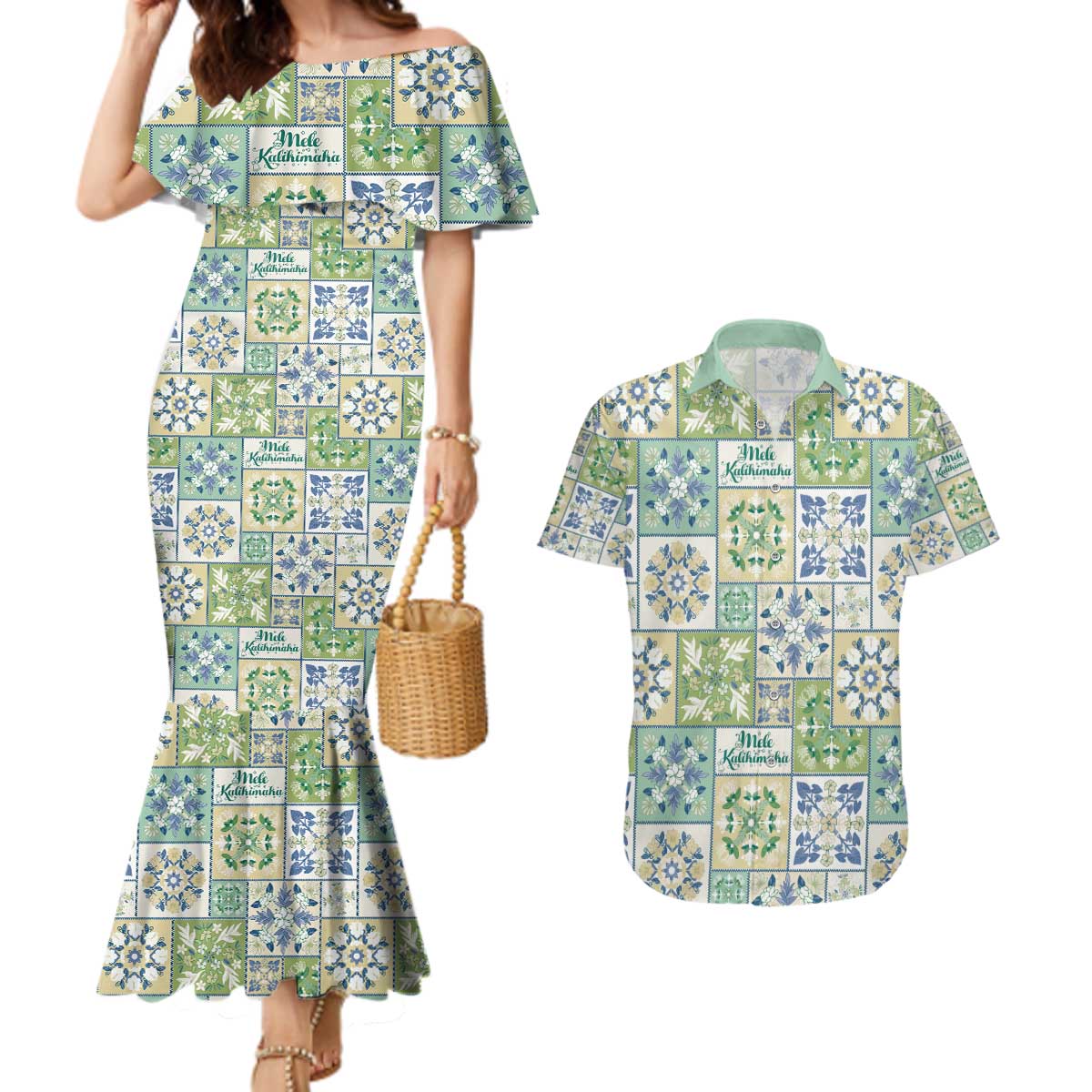 Mele Kalikimaka Hawaii Christmas Couples Matching Mermaid Dress and Hawaiian Shirt Omaomao Seamless Floral Motif - Polynesian Pride