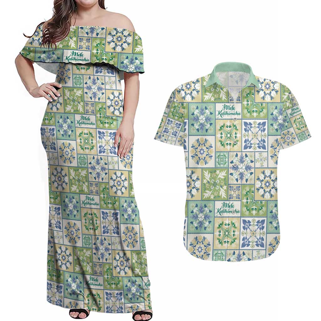 Mele Kalikimaka Hawaii Christmas Couples Matching Off Shoulder Maxi Dress and Hawaiian Shirt Omaomao Seamless Floral Motif LT9 Green - Polynesian Pride