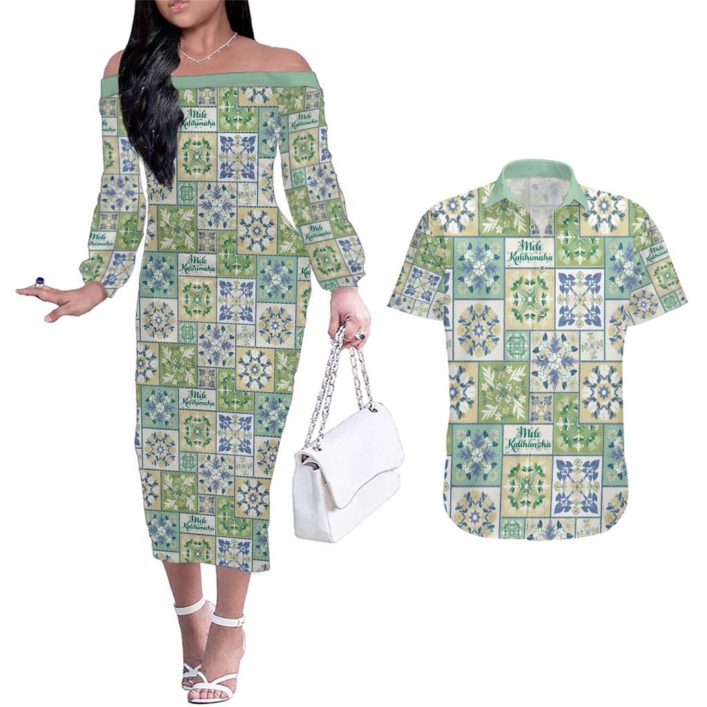 Mele Kalikimaka Hawaii Christmas Couples Matching Off The Shoulder Long Sleeve Dress and Hawaiian Shirt Omaomao Seamless Floral Motif LT9 Green - Polynesian Pride