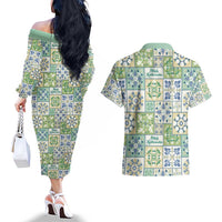 Mele Kalikimaka Hawaii Christmas Couples Matching Off The Shoulder Long Sleeve Dress and Hawaiian Shirt Omaomao Seamless Floral Motif LT9 - Polynesian Pride