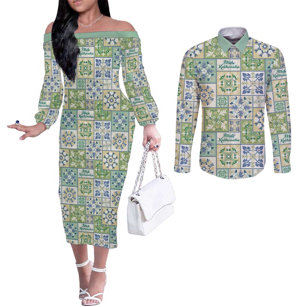 Mele Kalikimaka Hawaii Christmas Couples Matching Off The Shoulder Long Sleeve Dress and Long Sleeve Button Shirt Omaomao Seamless Floral Motif LT9 Green - Polynesian Pride