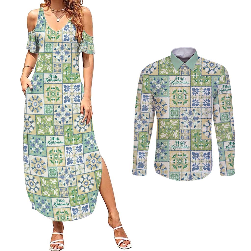 Mele Kalikimaka Hawaii Christmas Couples Matching Summer Maxi Dress and Long Sleeve Button Shirt Omaomao Seamless Floral Motif LT9 Green - Polynesian Pride