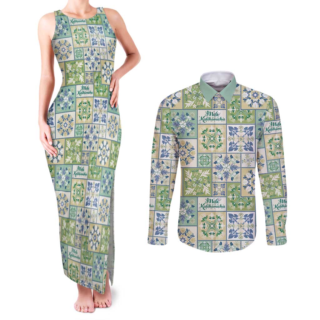 Mele Kalikimaka Hawaii Christmas Couples Matching Tank Maxi Dress and Long Sleeve Button Shirt Omaomao Seamless Floral Motif LT9 Green - Polynesian Pride