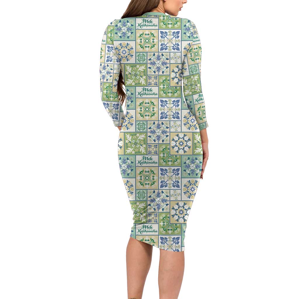 Mele Kalikimaka Hawaii Christmas Long Sleeve Bodycon Dress Omaomao Seamless Floral Motif LT9 - Polynesian Pride